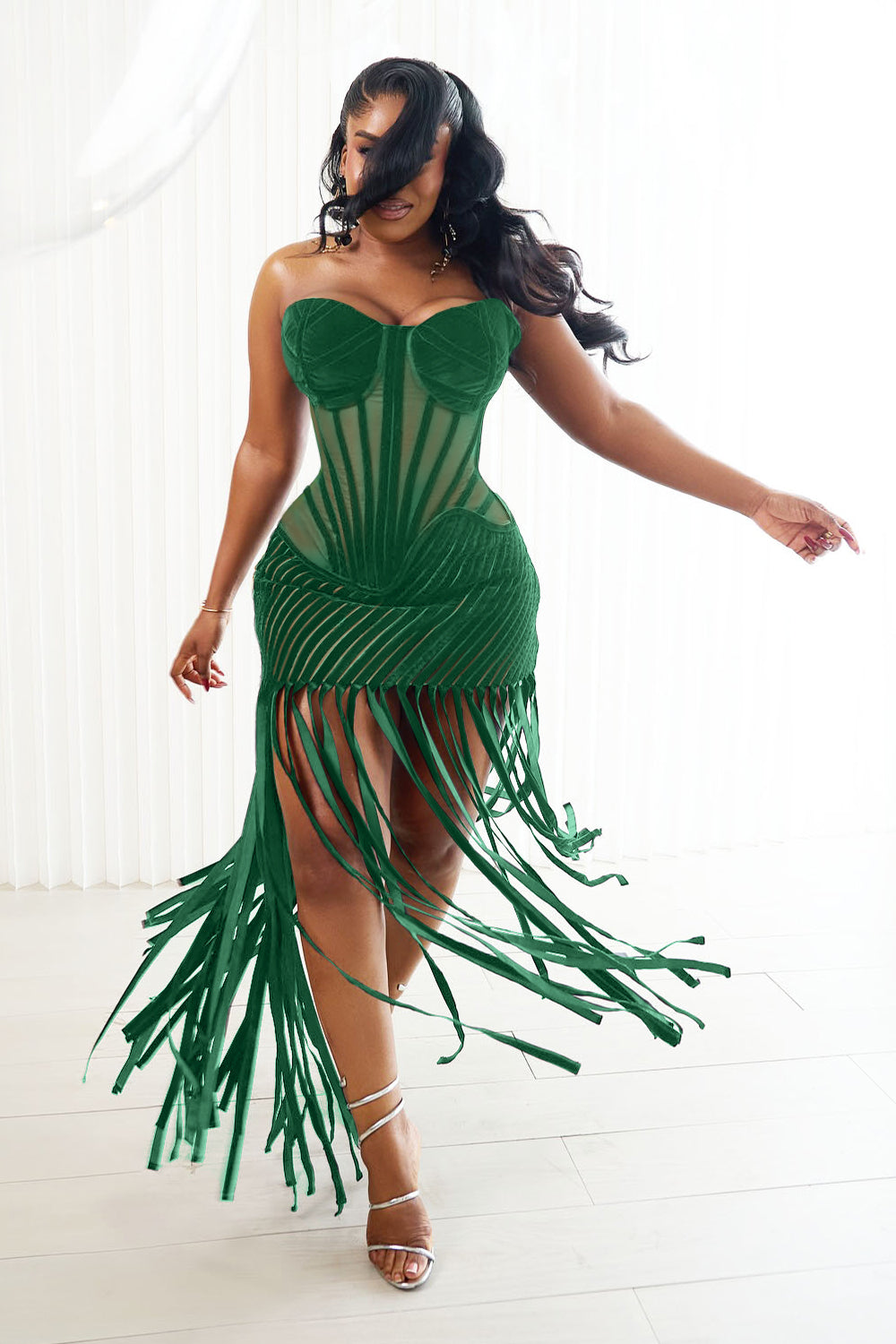 Strapless Semi-Sheer Corset Fringe Party Maxi Dresses-Black