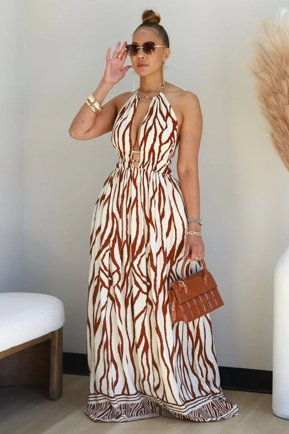 Deep V Halter Backless Boho Print Vacation Maxi Dresses-Brown