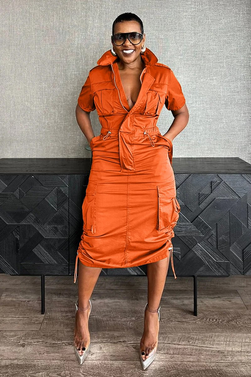 Stand Collar Zipper Drawstring Waist Pocket Midi Dresses-Green