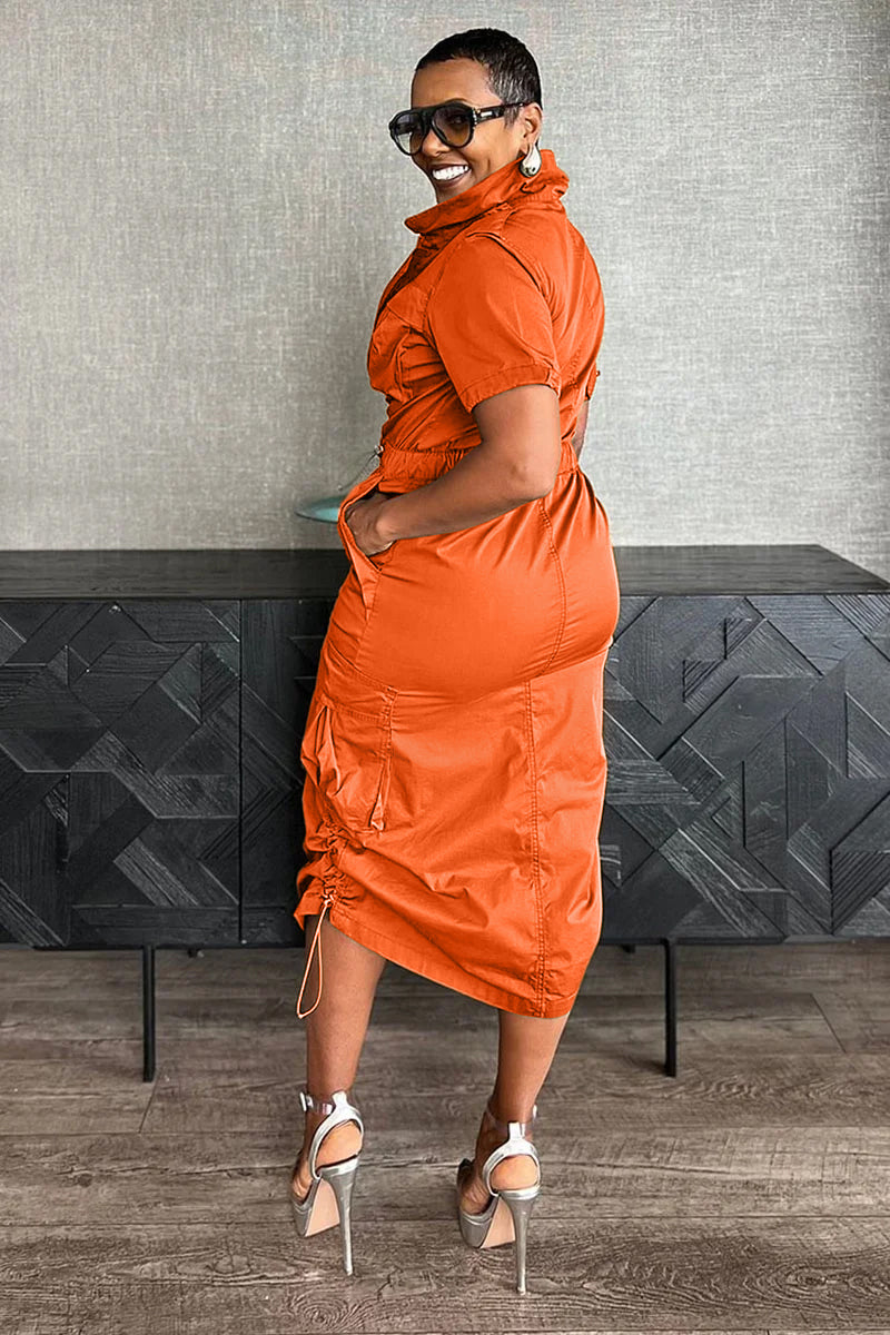 Stand Collar Zipper Drawstring Waist Pocket Midi Dresses-Green