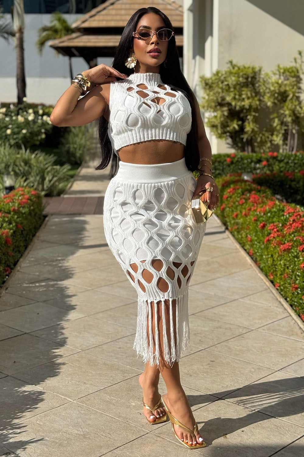 Knit Cutout Crop Vest Fringe Midi Skirt Vacation 2pcs Set-White