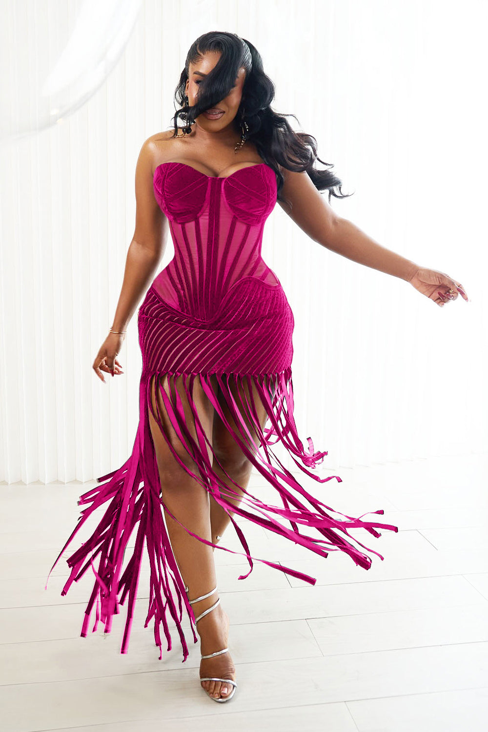 Strapless Semi-Sheer Corset Fringe Party Maxi Dresses-Black