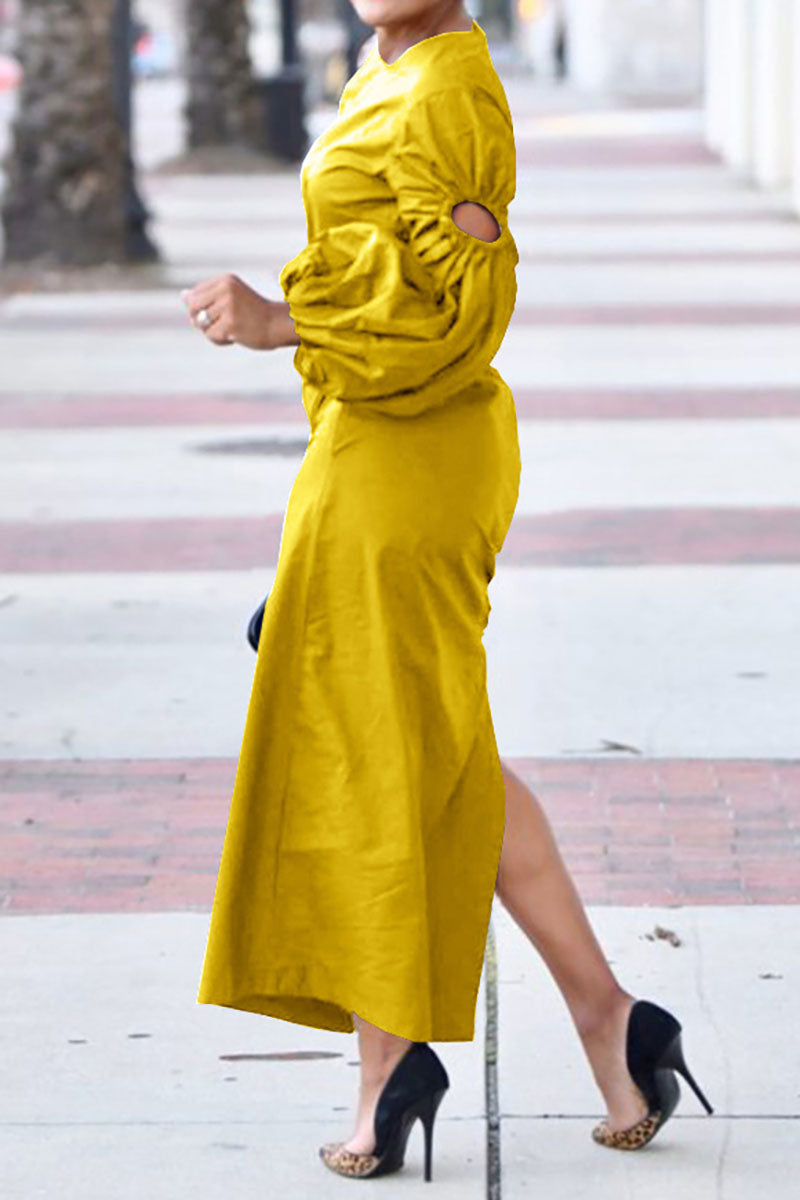 Single Lantern Sleeve Slit Side Plain Maxi Dresses-Black