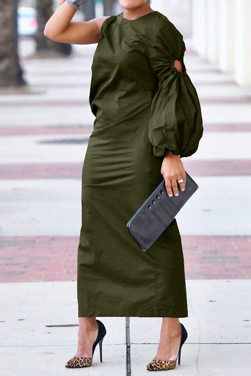 Single Lantern Sleeve Slit Side Plain Maxi Dresses-Black