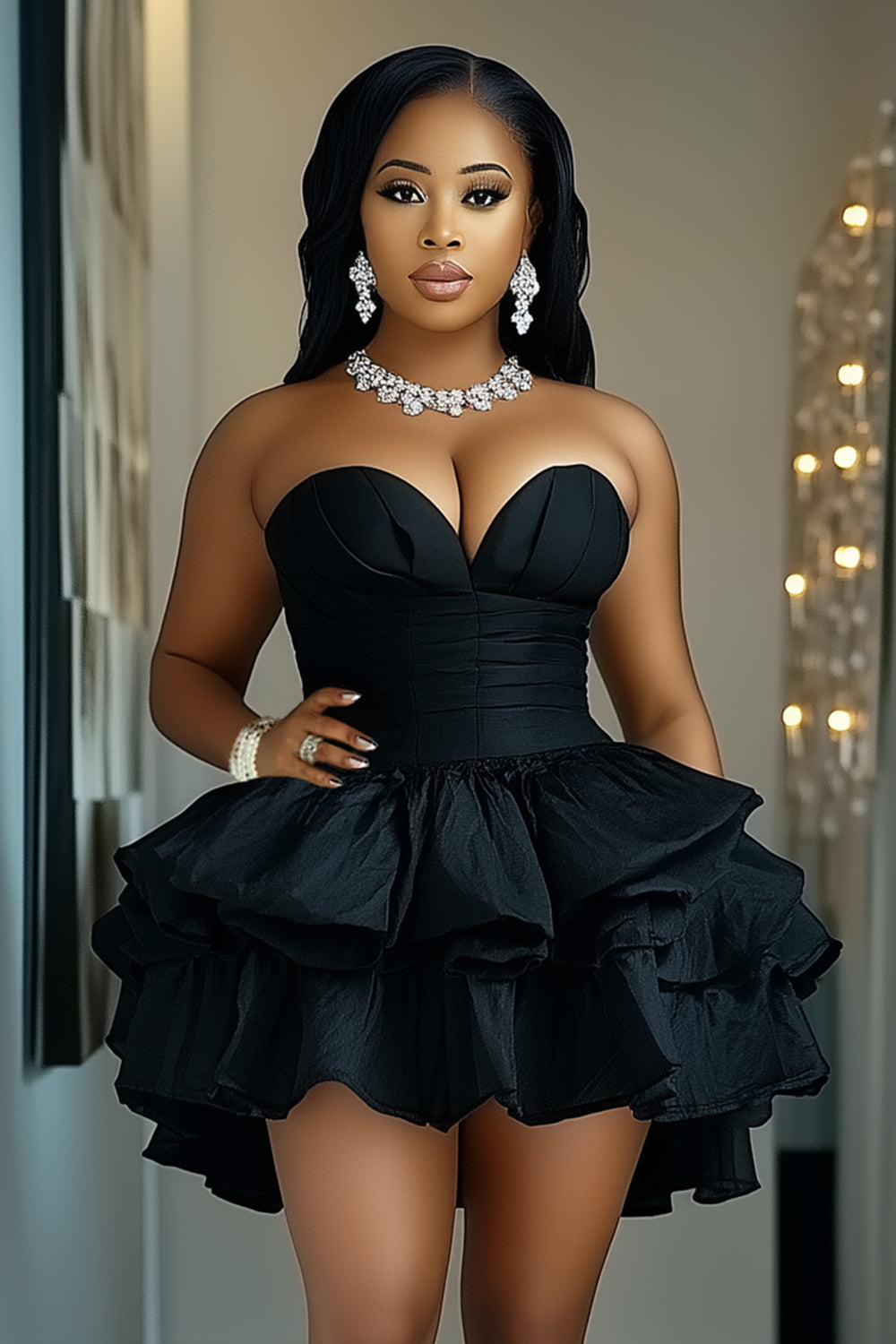 Sweetheart Neck Strapless Cinch Waist Layered Mini Dresses-Black