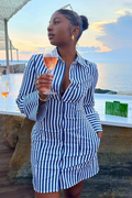 Striped Print Long Sleeve Button Up Blouse Slim Fit Mini Dresses-Blue