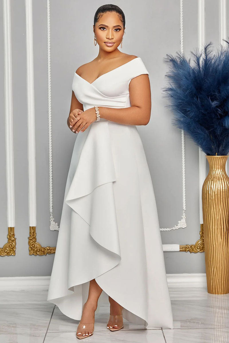 V Neck A-Line Ruffled Trim Wide Hem Pocket Evening Gowns Maxi Dresses-Black