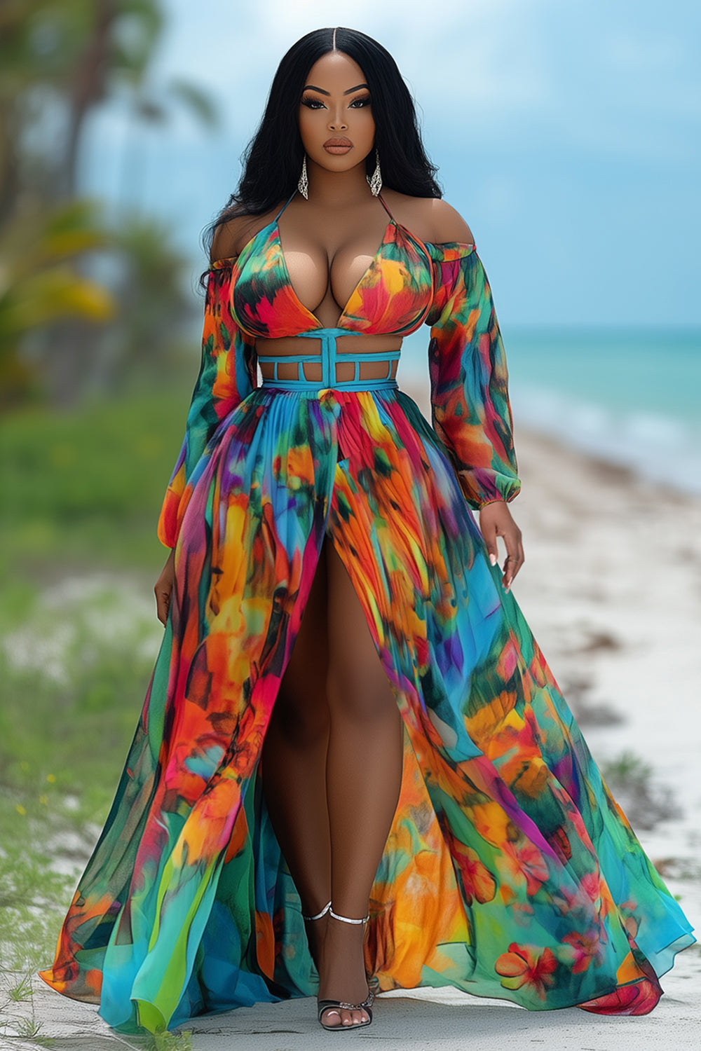 Multicolor Print Halter V Neck Cutout Slit Maxi Dresses-Green