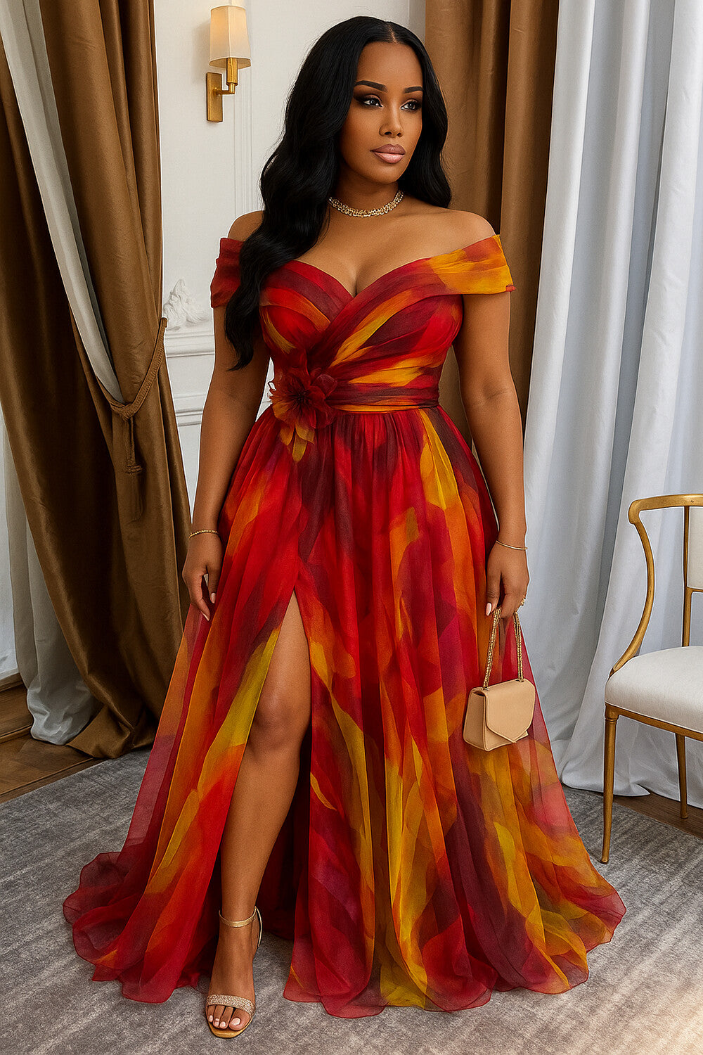 Overlap Off Shoulder Print 3D Flower Slit Party Maxi Dresses-Red