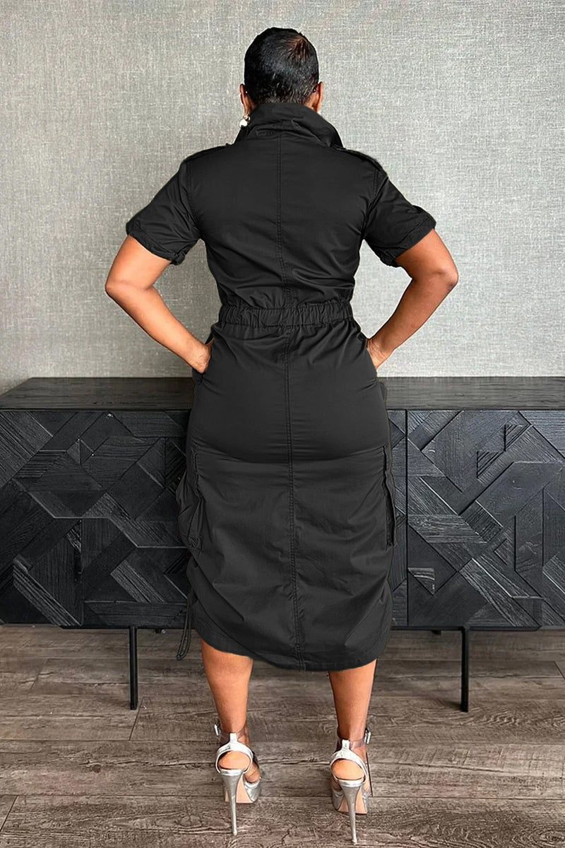 Stand Collar Zipper Drawstring Waist Pocket Midi Dresses-Green