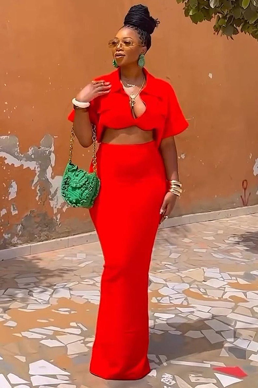 Dropped Shoulder Crop Blouse Slim-Fit Maxi Skirt 2pcs Set-White