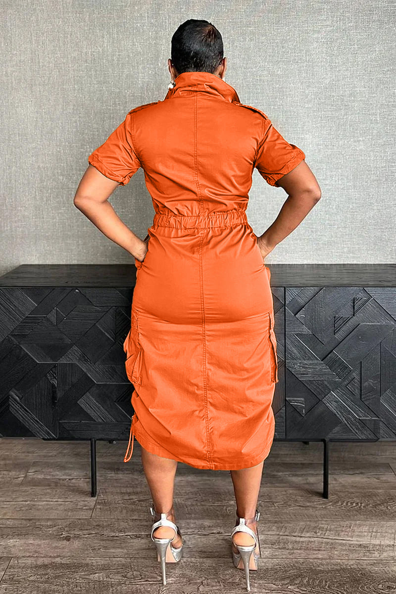 Stand Collar Zipper Drawstring Waist Pocket Midi Dresses-Green