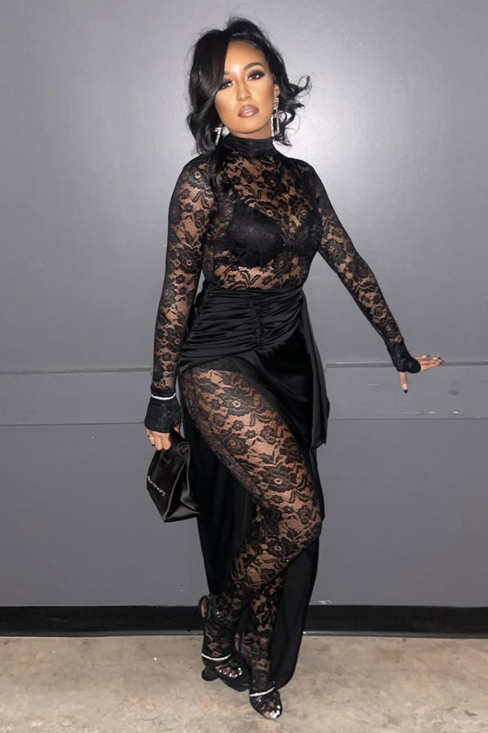 Mock Neck Bodycon Lace Jumpsuit Maxi Skirt Party 2pcs Set-Black