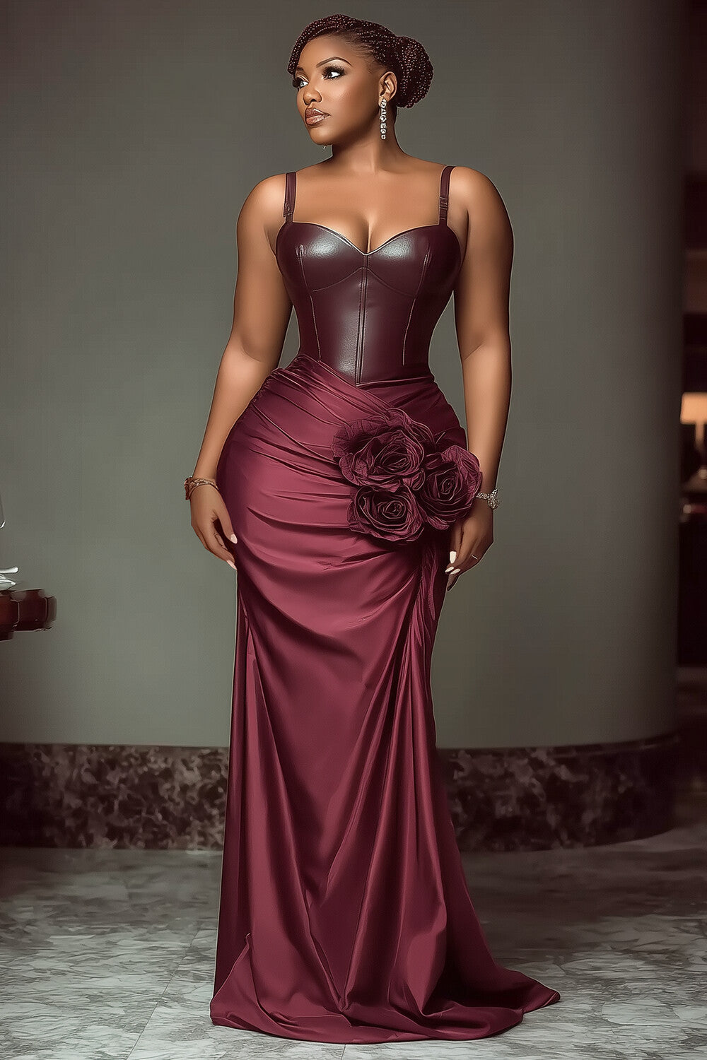 PU Leather Contrast 3D Flower Wrapped Party Cami Maxi Dresses-Red