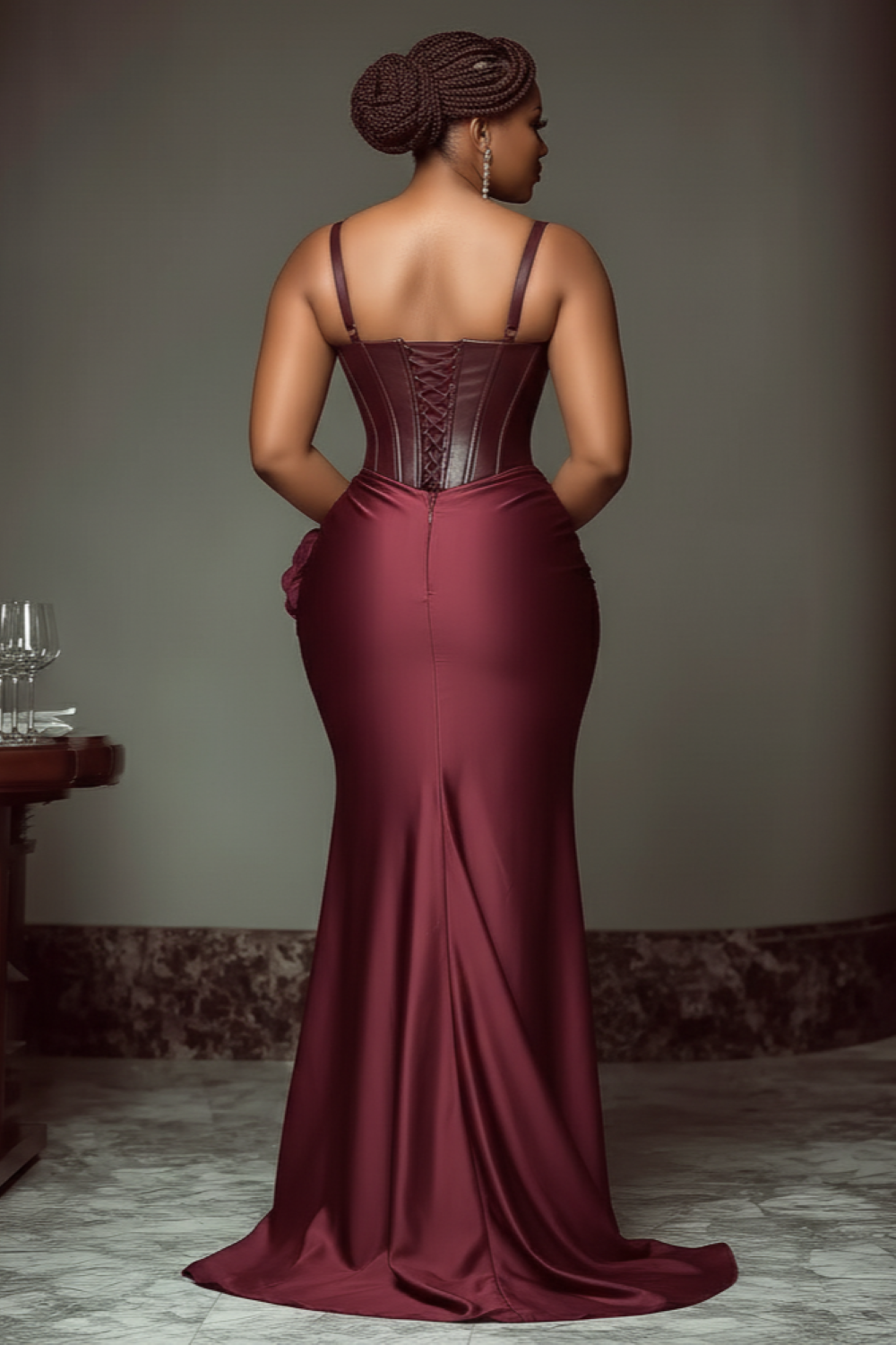 PU Leather Contrast 3D Flower Wrapped Party Cami Maxi Dresses-Red