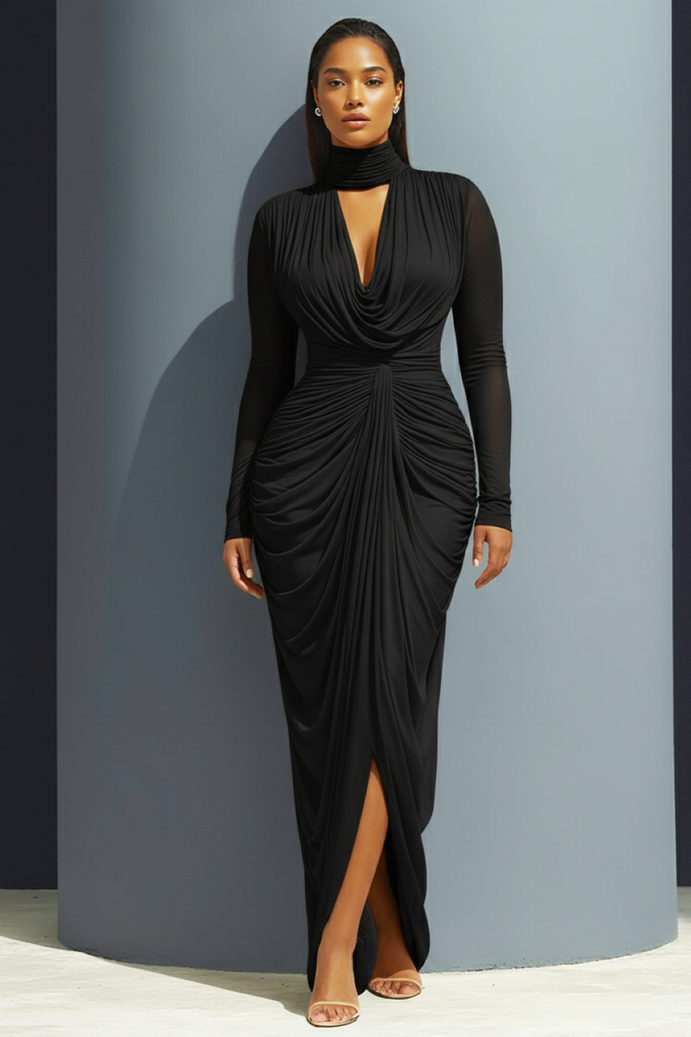 Cowl High Neck Ruched Wedding Guest Party Maxi Dresses-White