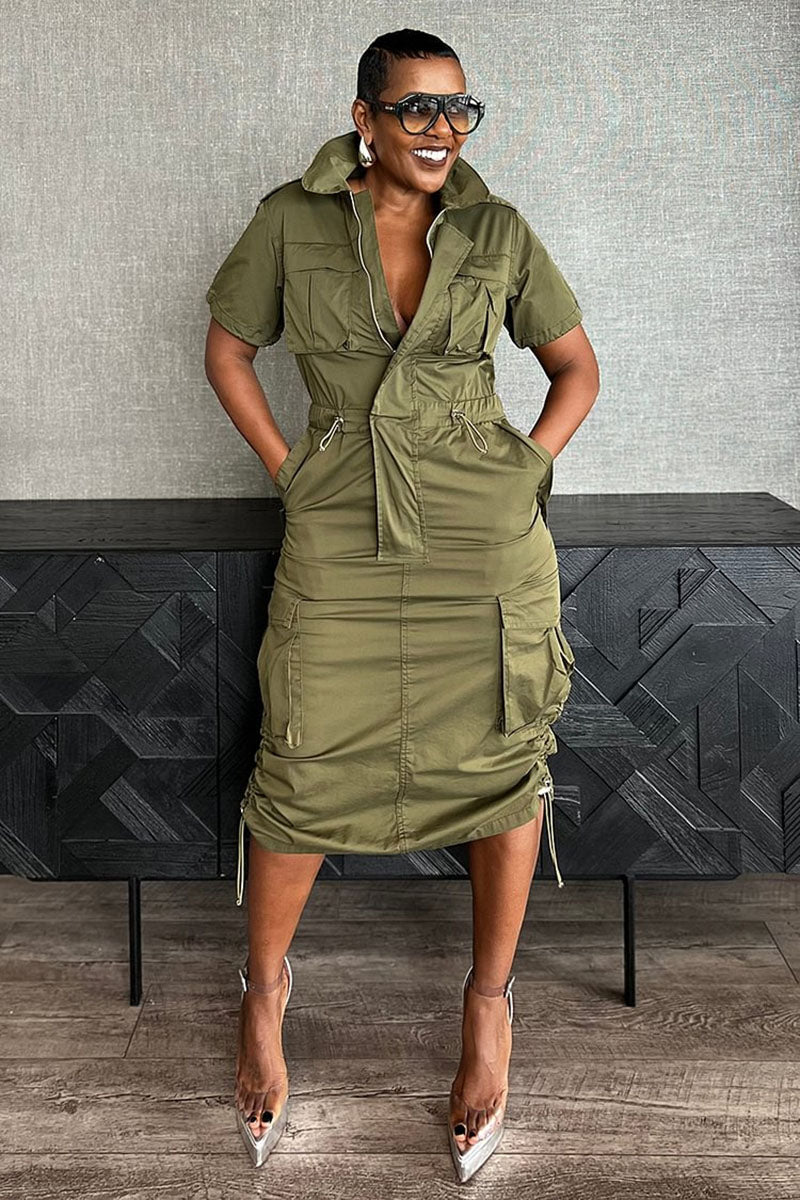 Stand Collar Zipper Drawstring Waist Pocket Midi Dresses-Green