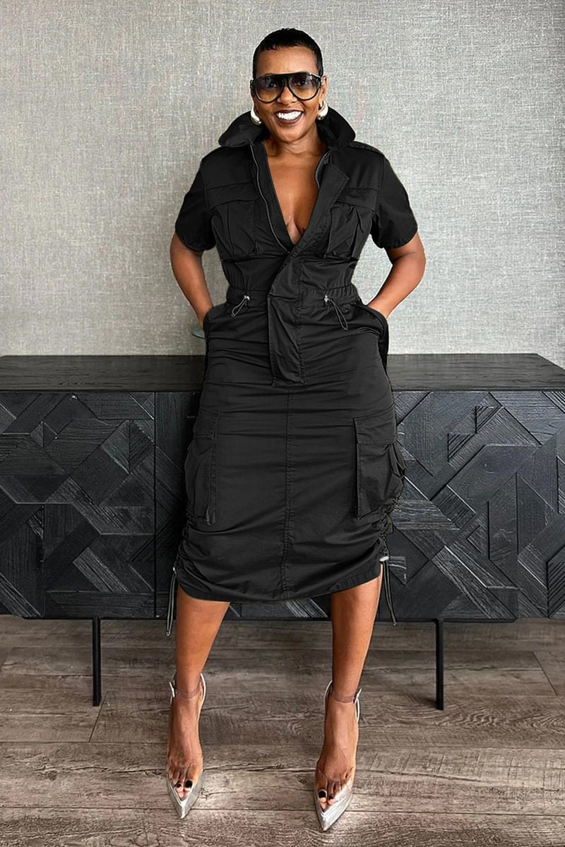 Stand Collar Zipper Drawstring Waist Pocket Midi Dresses-Green