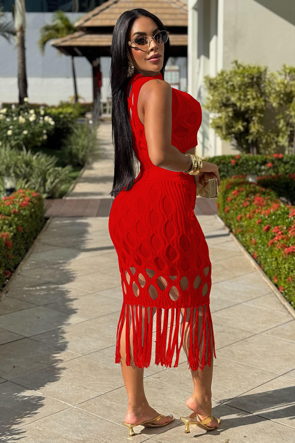 Knit Cutout Crop Vest Fringe Midi Skirt Vacation 2pcs Set-White