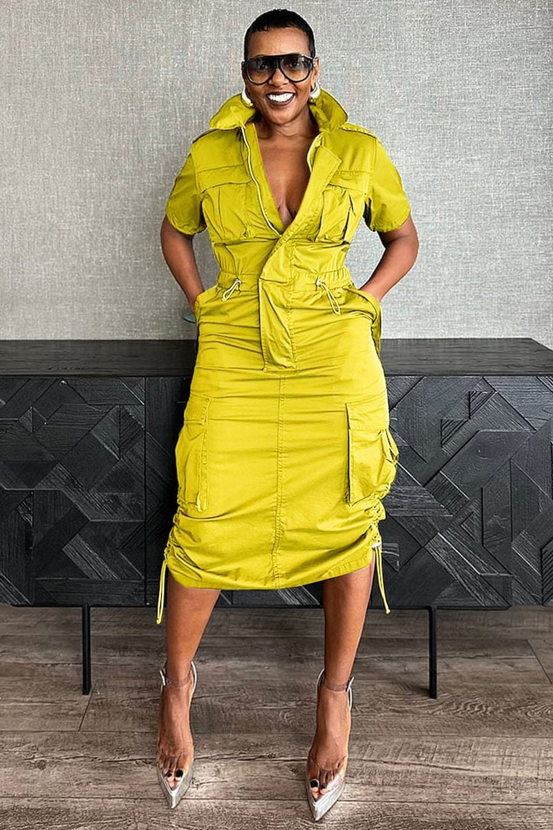 Stand Collar Zipper Drawstring Waist Pocket Midi Dresses-Green