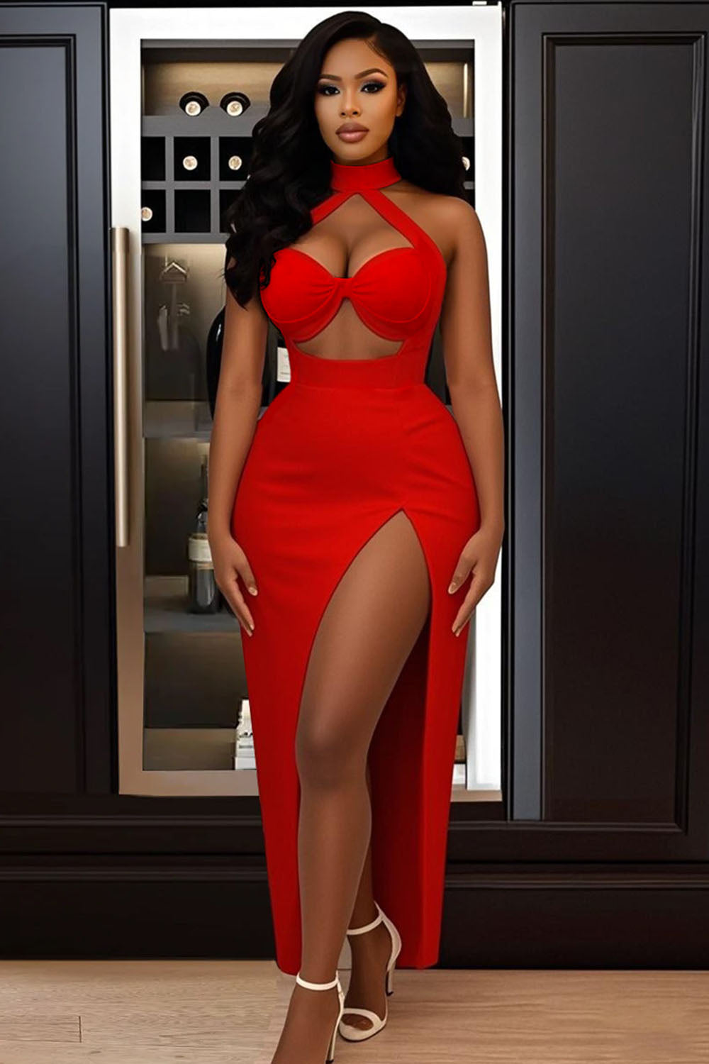 Halter Cutout High Slit Slim-Fit Party Maxi Dresses-White