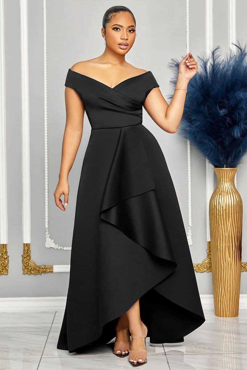 V Neck A-Line Ruffled Trim Wide Hem Pocket Evening Gowns Maxi Dresses-Black