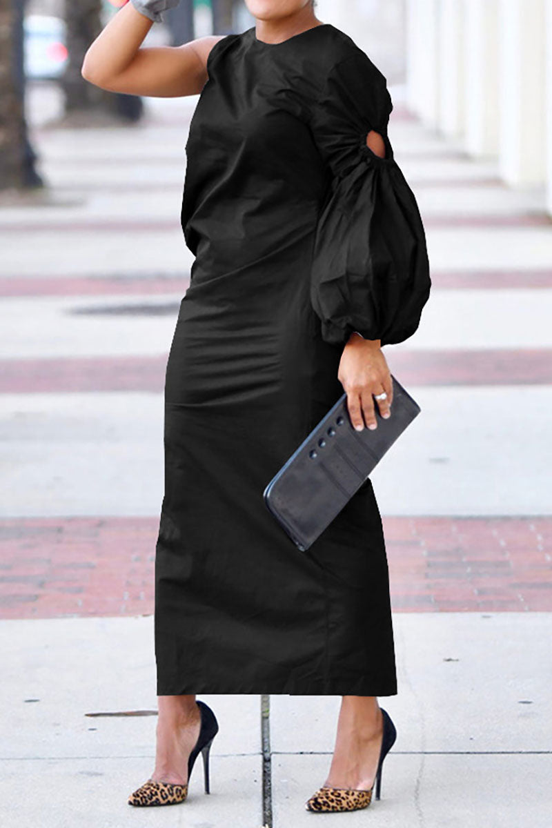 Single Lantern Sleeve Slit Side Plain Maxi Dresses-Black