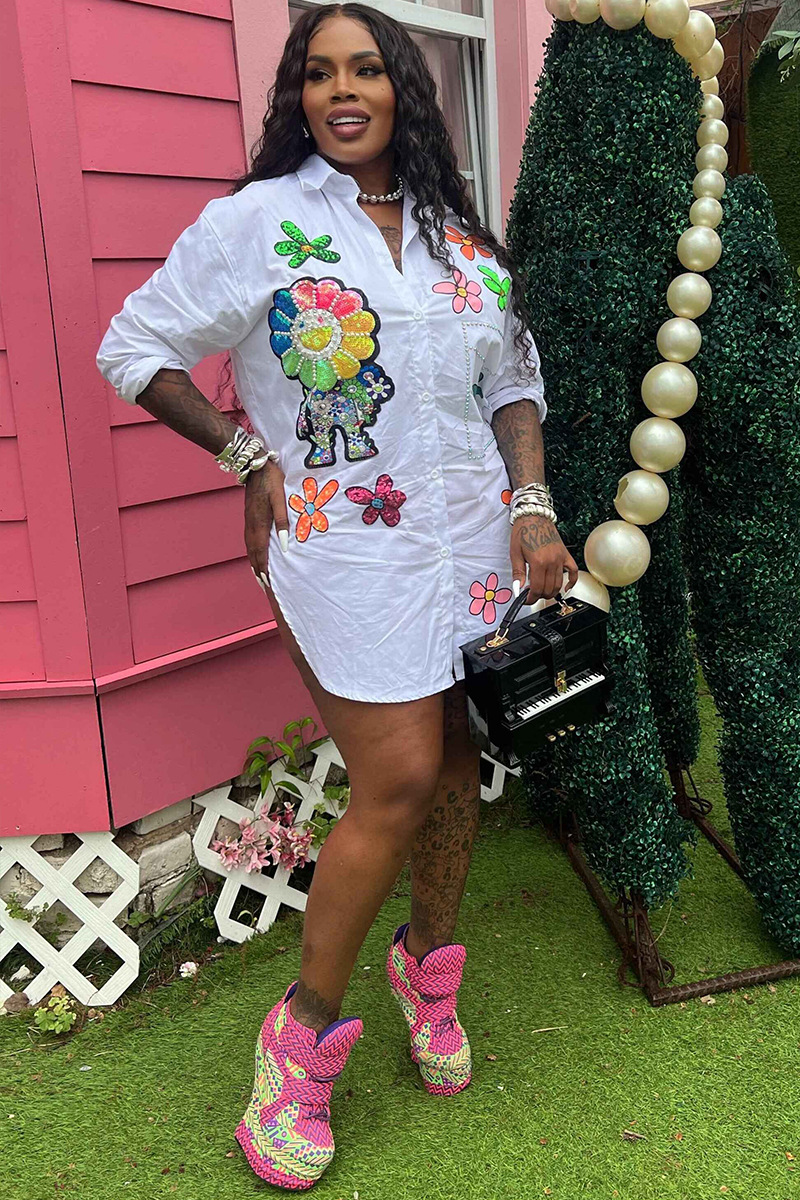 Floral Pattern Turndown Collar Button Up Blouse Mini Dresses-White