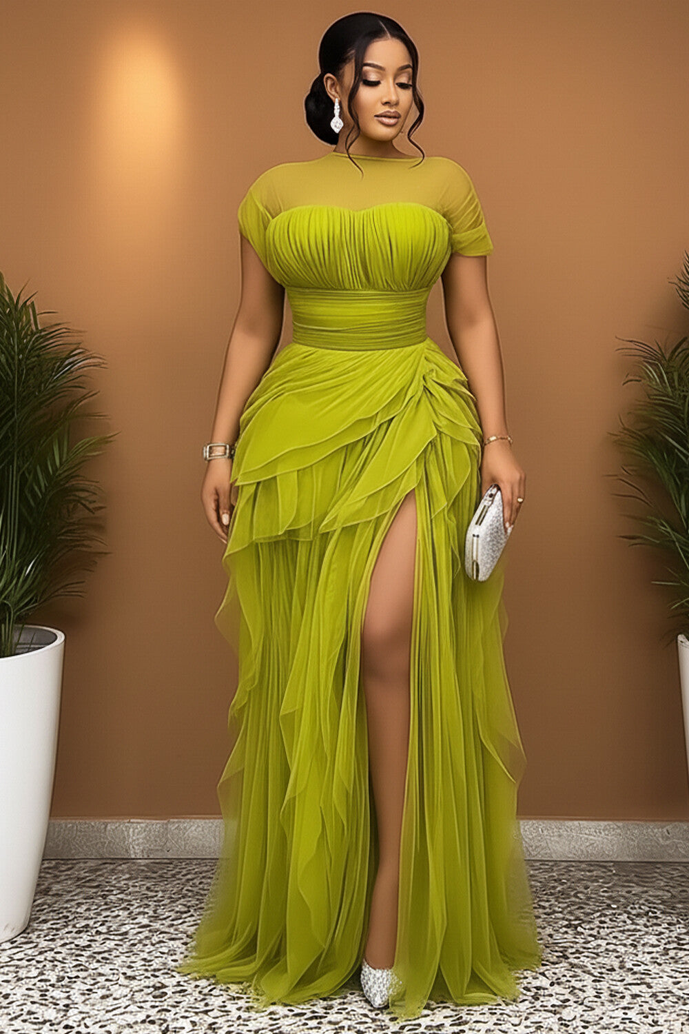 Short Sleeve Cinch Waist High Slit Tulle Gowns Maxi Dresses-Green