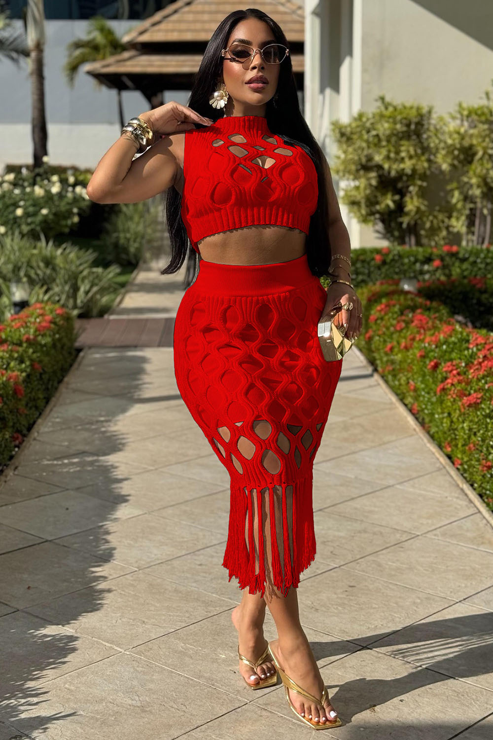 Knit Cutout Crop Vest Fringe Midi Skirt Vacation 2pcs Set-White