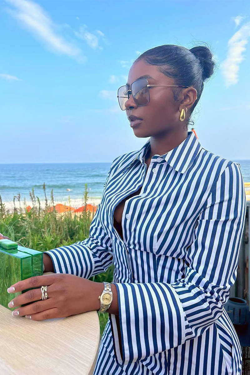 Striped Print Long Sleeve Button Up Blouse Slim Fit Mini Dresses-Blue