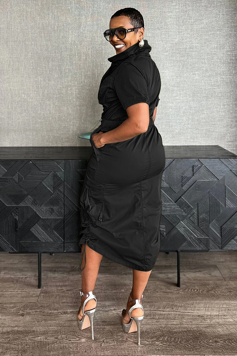 Stand Collar Zipper Drawstring Waist Pocket Midi Dresses-Green