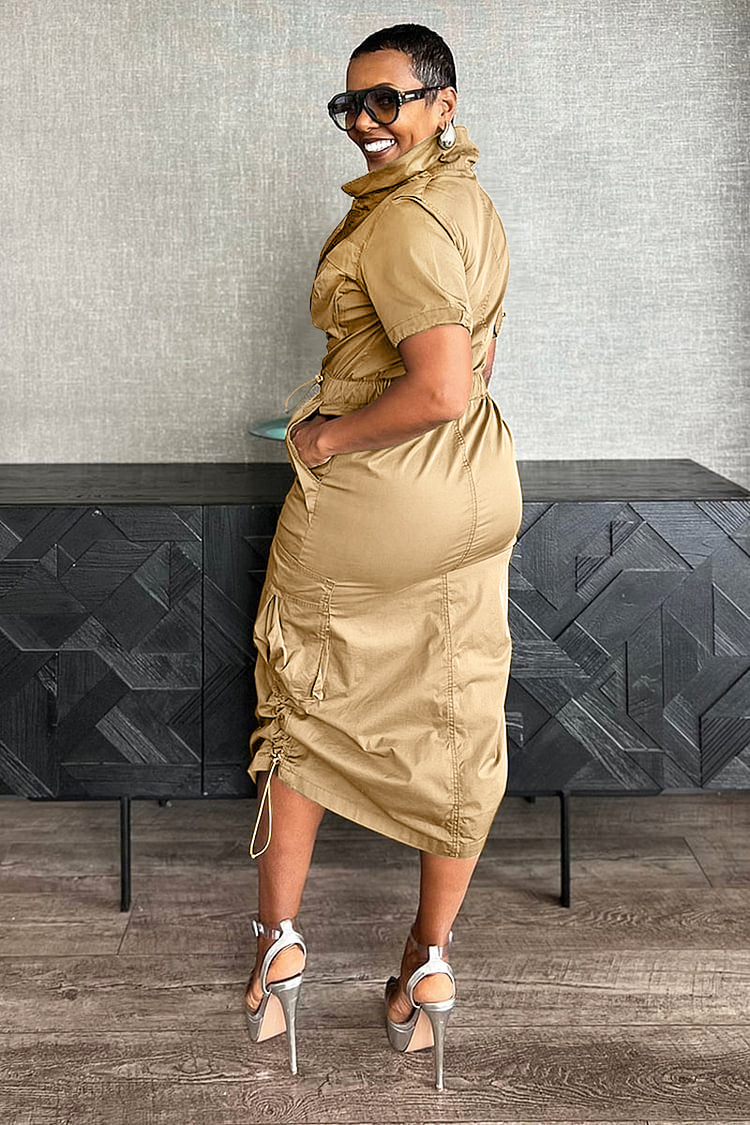 Stand Collar Zipper Drawstring Waist Pocket Midi Dresses-Green