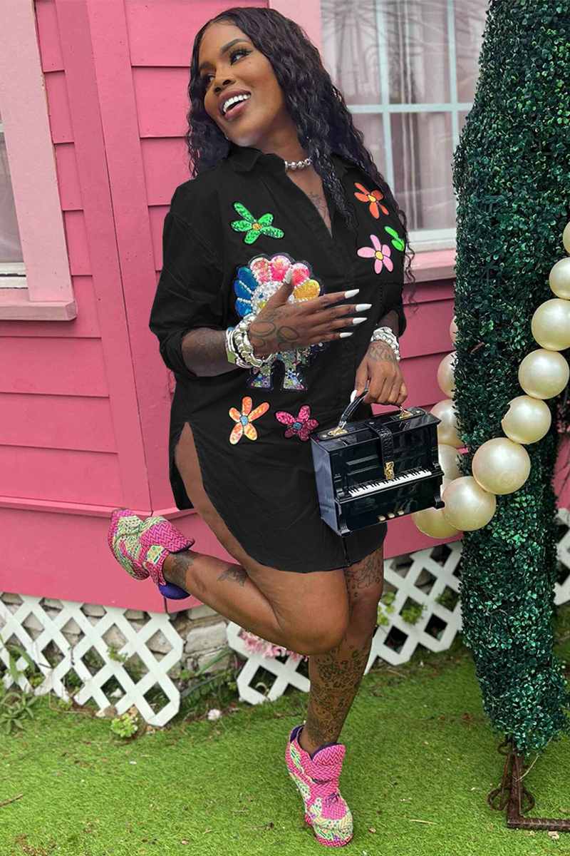 Floral Pattern Turndown Collar Button Up Blouse Mini Dresses-White