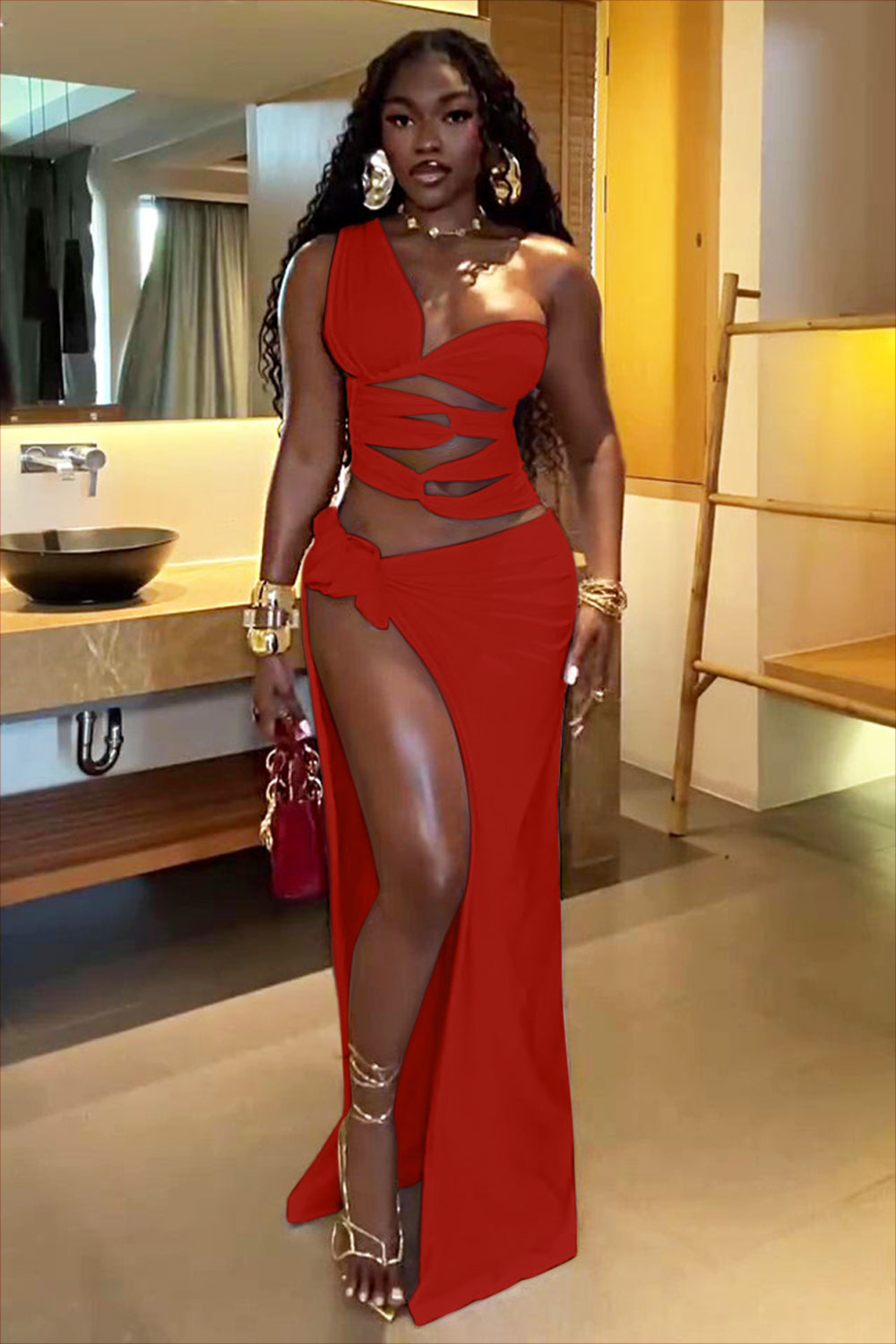 One Shoulder Asymmetric Cutout High Slit Party Maxi Dresses-White