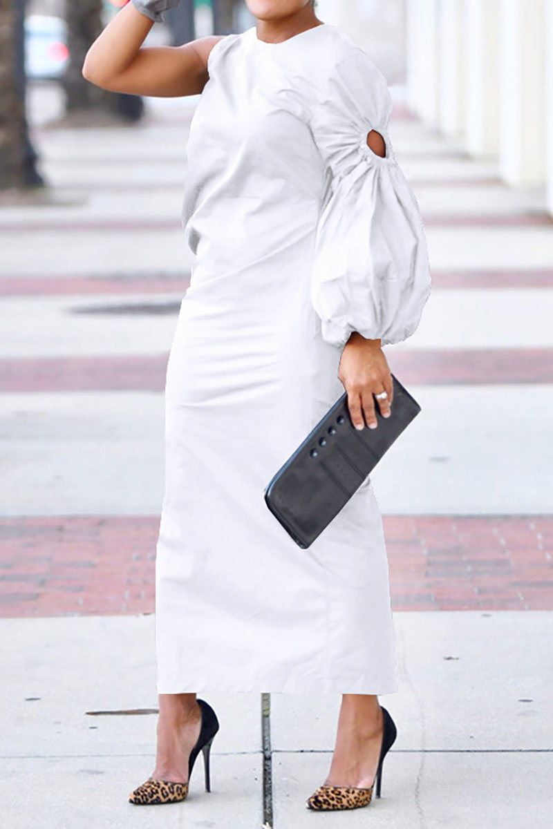 Single Lantern Sleeve Slit Side Plain Maxi Dresses-Black