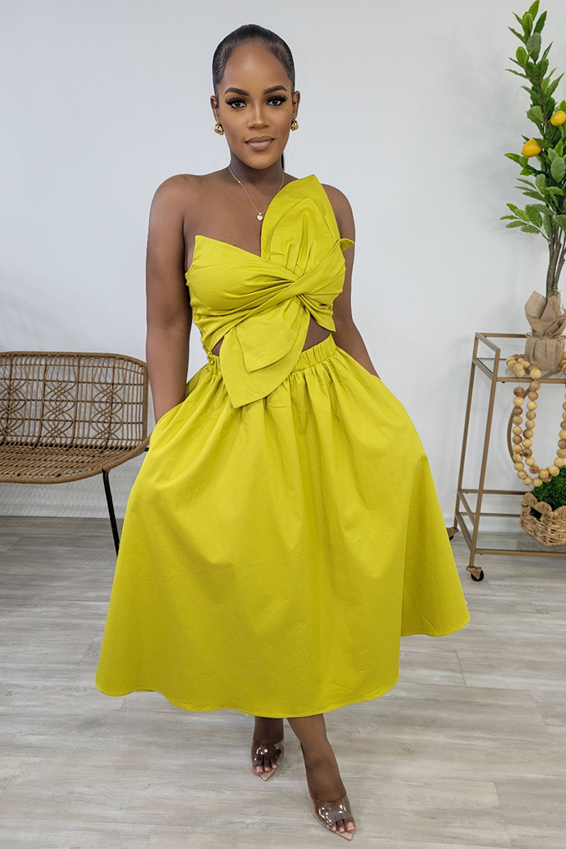 Irregular Design Ruched Cutout Sleeveless Midi Dresses-Green