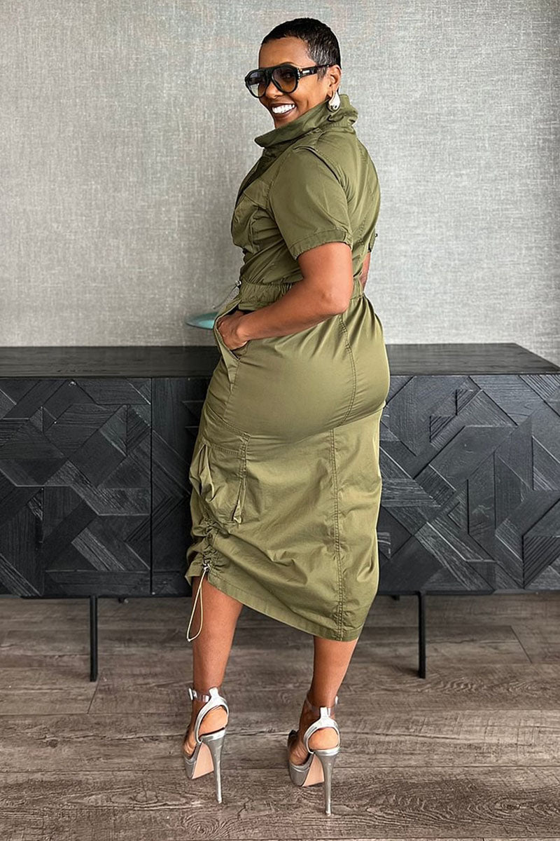 Stand Collar Zipper Drawstring Waist Pocket Midi Dresses-Green