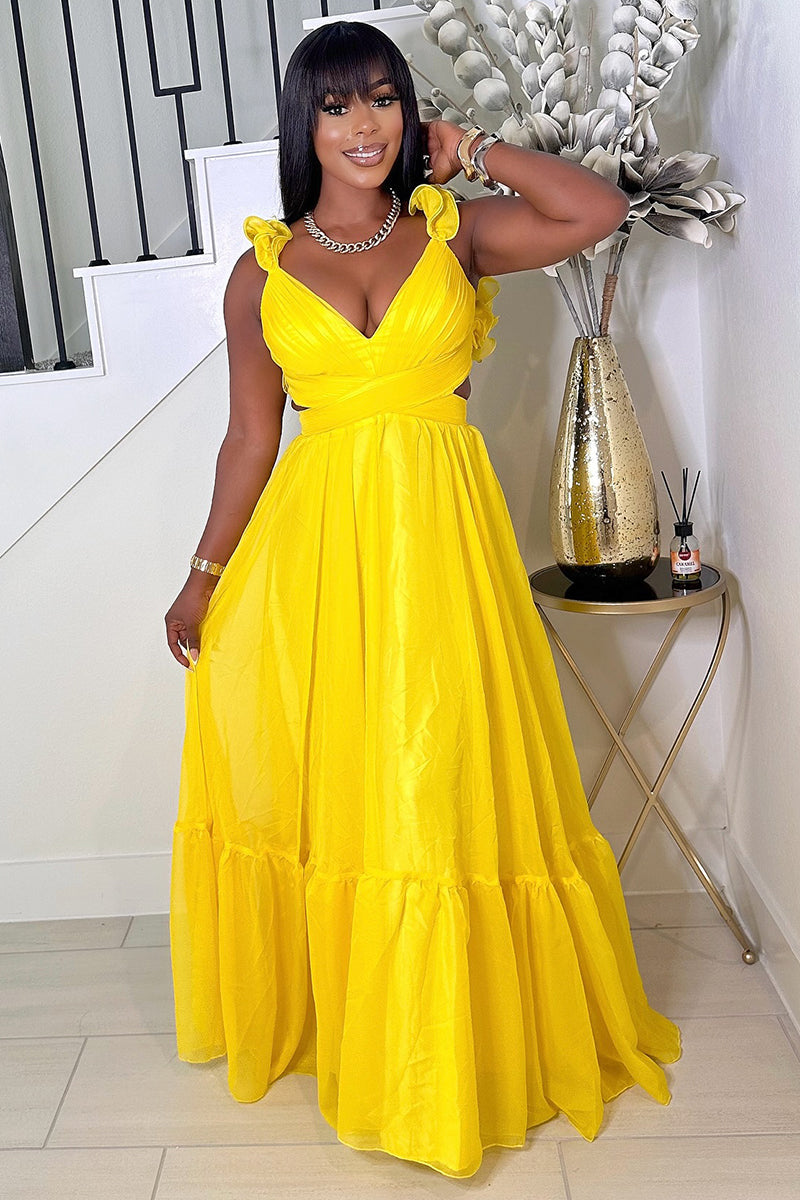 Ruffled Lace Up Backless Deep V Neck Tiered Maxi Dresses-Yellow