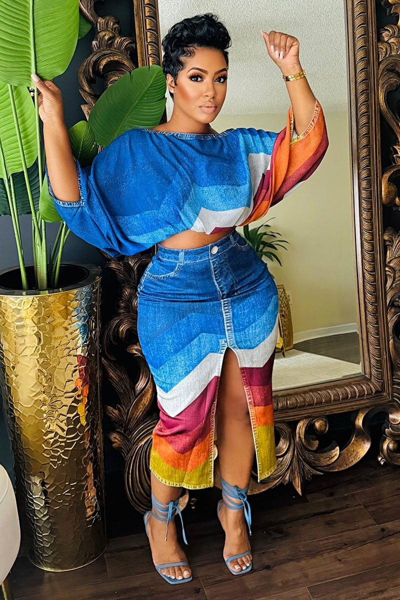 Contrast Color Bat-Wing Sleeve Top Slit Midi Skirt 2pcs Set-Blue