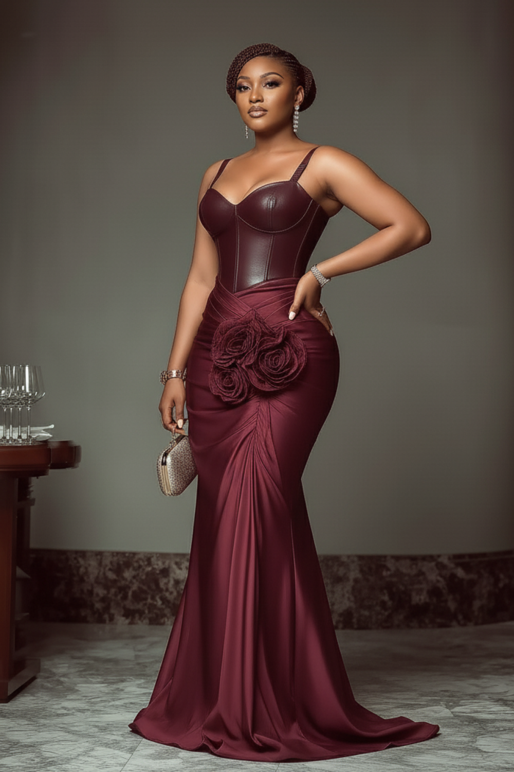 PU Leather Contrast 3D Flower Wrapped Party Cami Maxi Dresses-Red