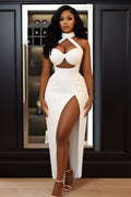Halter Cutout High Slit Slim-Fit Party Maxi Dresses-White