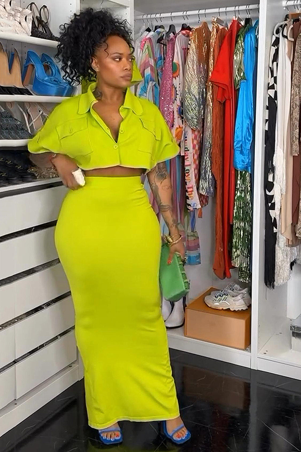 Dropped Shoulder Crop Blouse Slim-Fit Maxi Skirt 2pcs Set-White