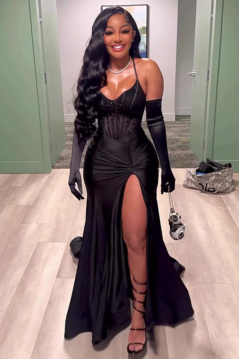 Halter Mermaid Hem High Slit Party Corset Maxi Dresses