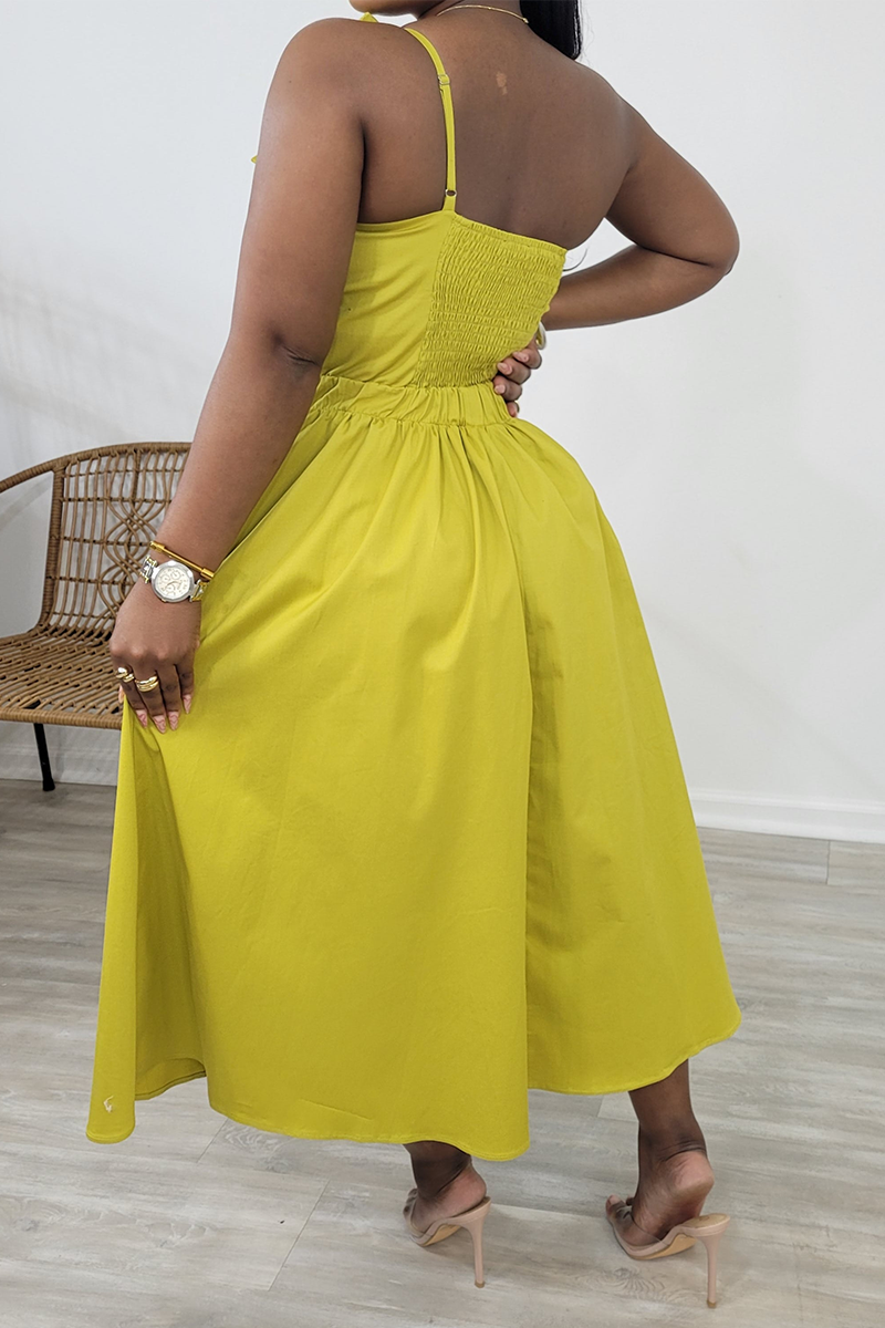 Irregular Design Ruched Cutout Sleeveless Midi Dresses-Green