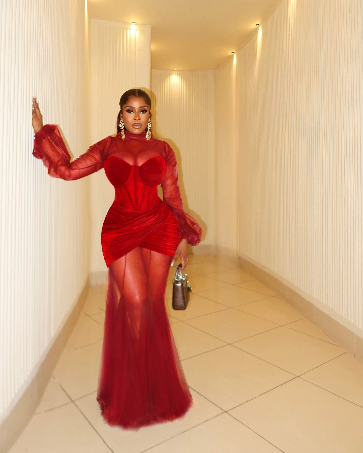 High Neck Mesh Velvet Patchwork Party Maxi Fishtail Dresses-Black