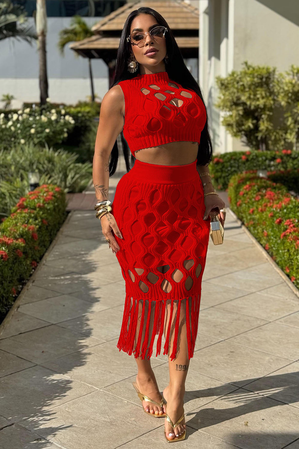 Knit Cutout Crop Vest Fringe Midi Skirt Vacation 2pcs Set-White