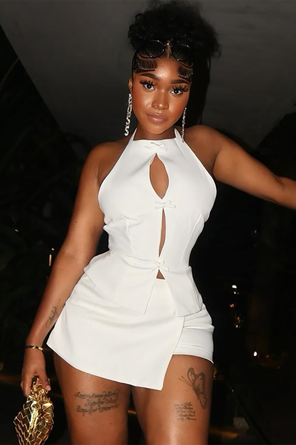 Cutout Sleeveless Halter Neck Top Irregular Mini Skirt 2pcs Set-White