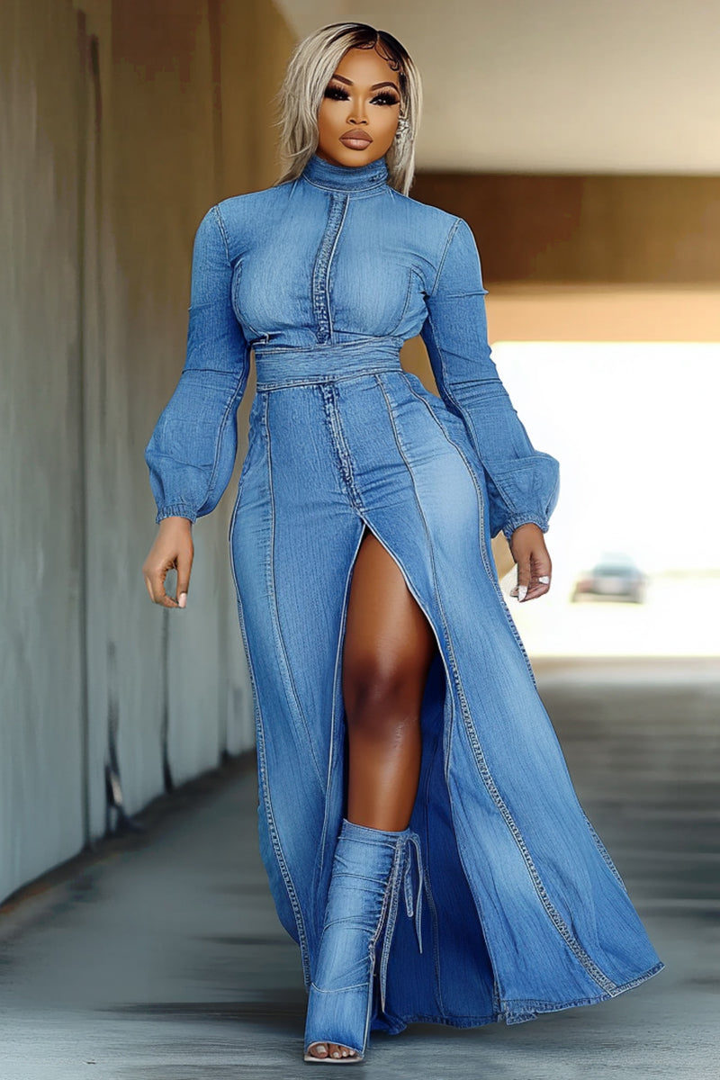 Mock Neck Bell Sleeve Quilted High Slit Denim Maxi Dresses-Blue