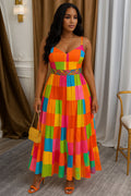 Colorblock Print Lace-Up Cami Vacation Maxi Dresses-Orange